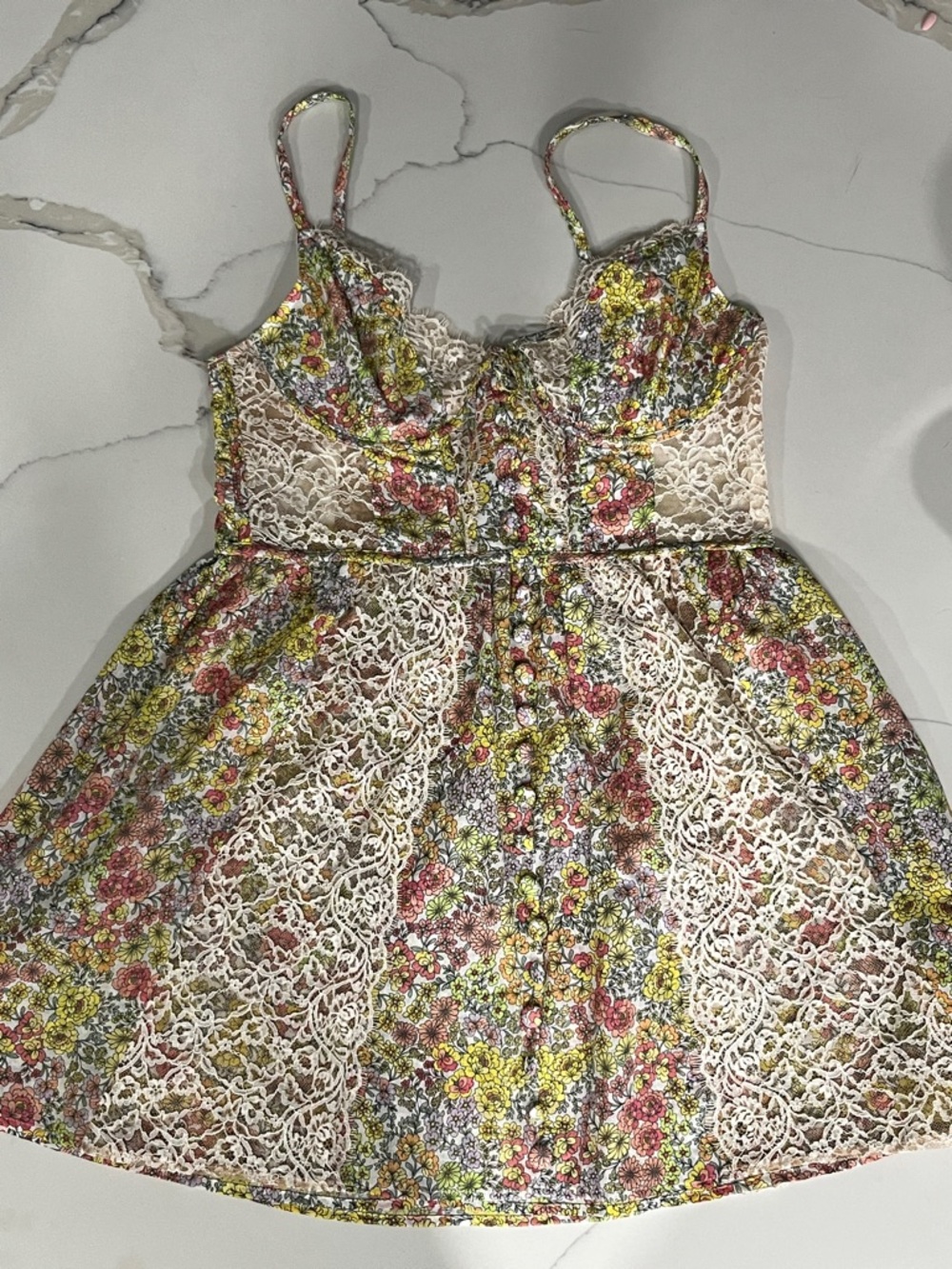For Love & Lemons Strapless Floral Lace Mini Dress in Pink, Yellow & Cream